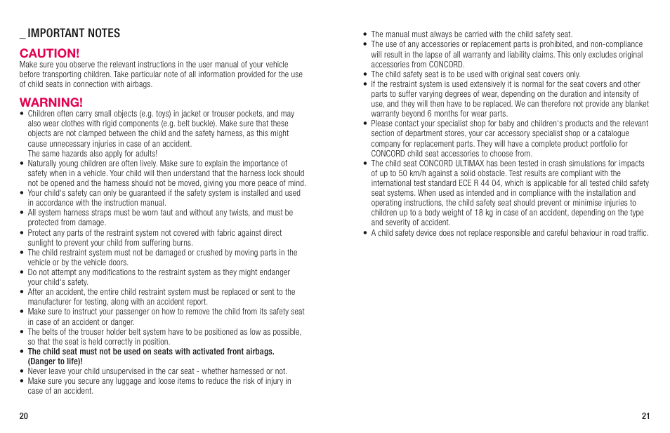 Warning | Concord ULTIMAX ISOFIX INSTRUCTION MANUAL User Manual | Page 4 / 14