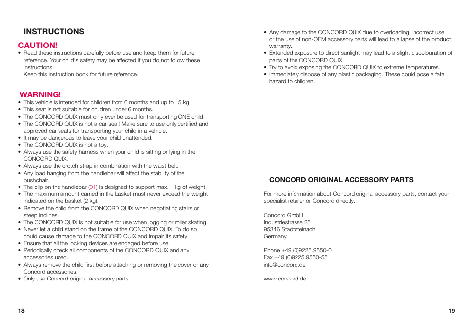 Instructions caution, Warning | Concord QUIX INSTRUCTION MANUAL User Manual | Page 5 / 11