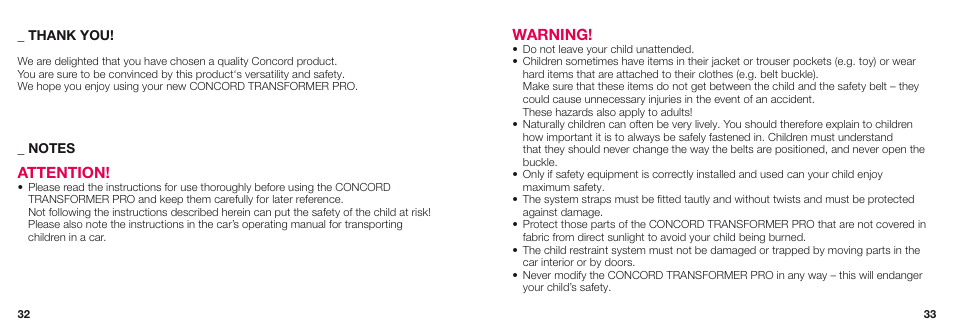 Warning, Attention | Concord TRANSFORMER PRO INSTRUCTION MANUAL User Manual | Page 5 / 19