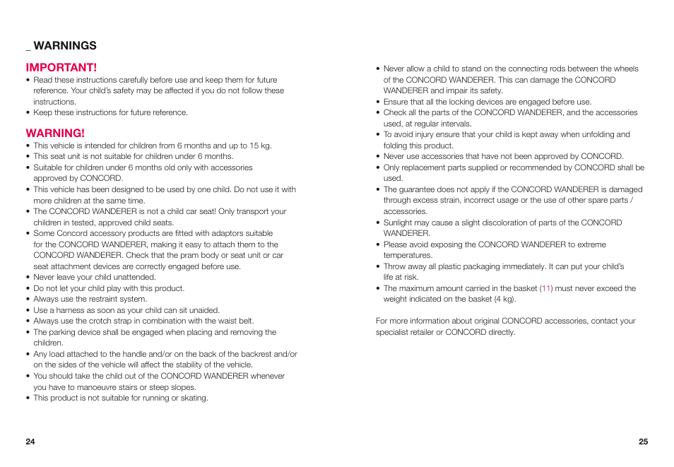 Warnings important, Warning | Concord WANDERER INSTRUCTION MANUAL User Manual | Page 5 / 14