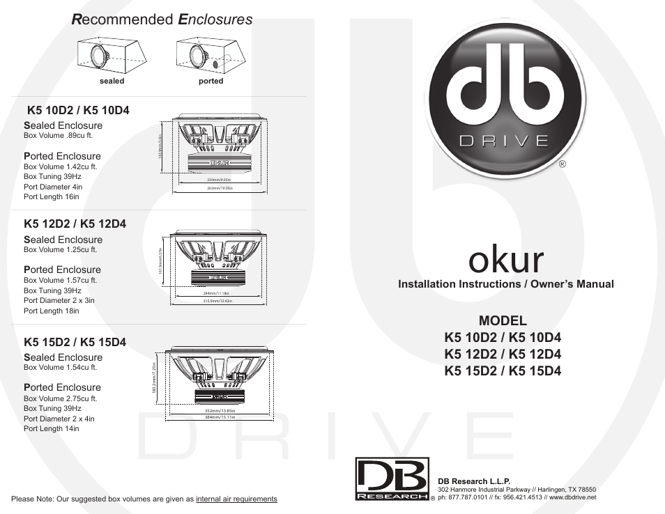 Dbdrive okur k5 subwoofer manual outside, Okur, R ecommended e nclosures | DB Drive K5 15D4 User Manual | Page 2 / 2