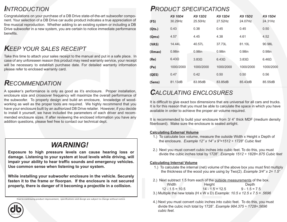 DB Drive K9 15D4 User Manual | 2 pages