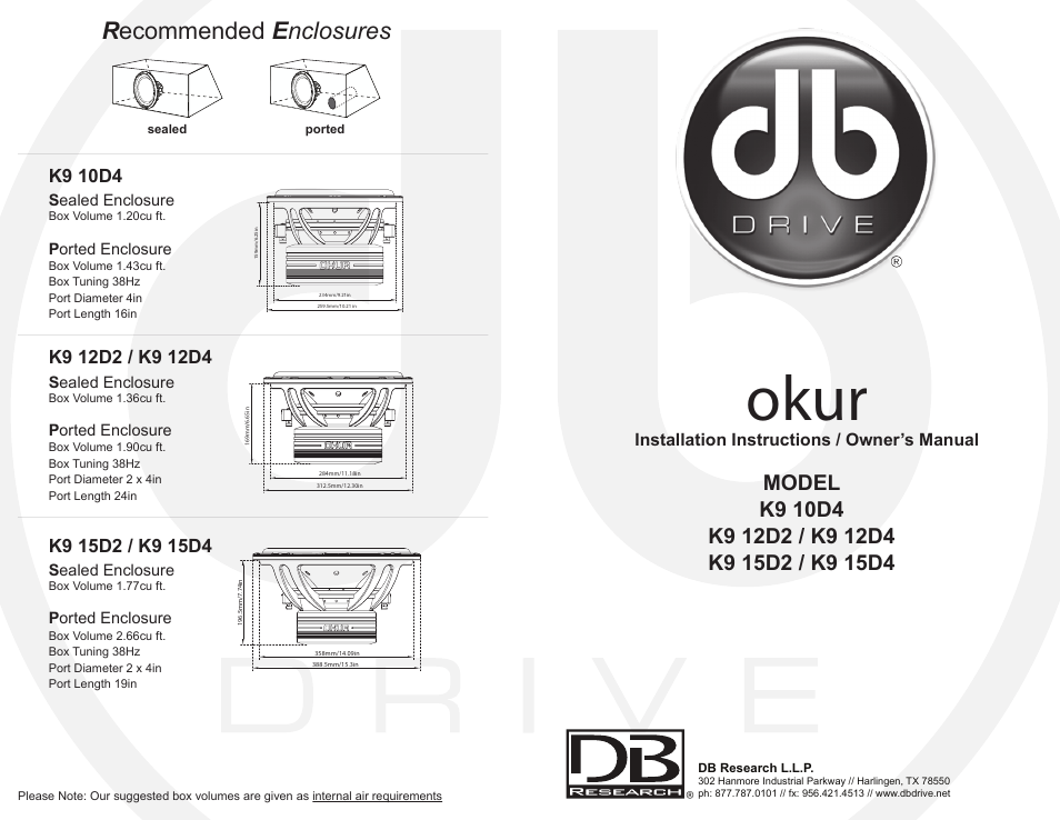 Dbdrive okur k9 subwoofer manual outside, Okur, R ecommended e nclosures | DB Drive K9 15D4 User Manual | Page 2 / 2