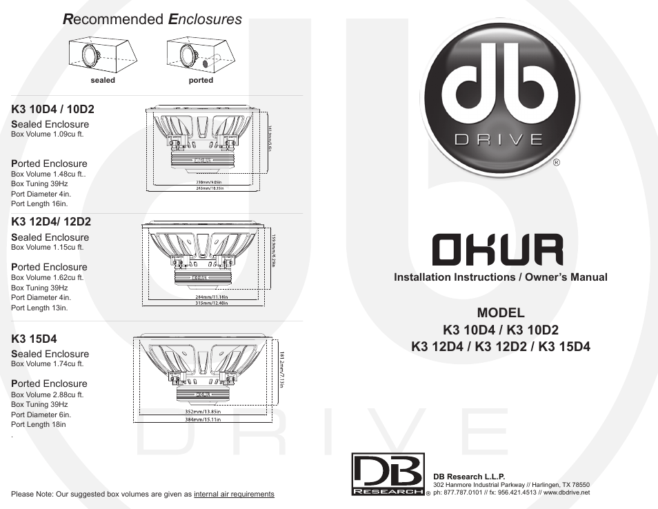 Dbdrive okur k3 subwoofer manual outside, Okur, R ecommended e nclosures | DB Drive K3 15D4 User Manual | Page 2 / 2