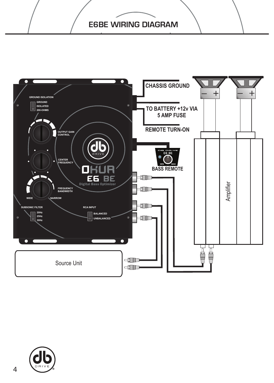 Okur, E6be wiring diagram, E6 be | Source unit, Amplifier | DB Drive E6 BE User Manual | Page 4 / 6