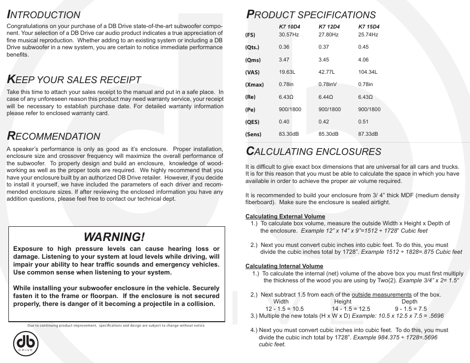 DB Drive K7 15D4 User Manual | 2 pages