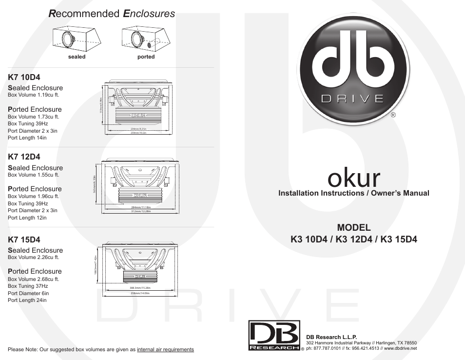 Dbdrive okur k7 subwoofer manual outside, Okur, R ecommended e nclosures | DB Drive K7 15D4 User Manual | Page 2 / 2