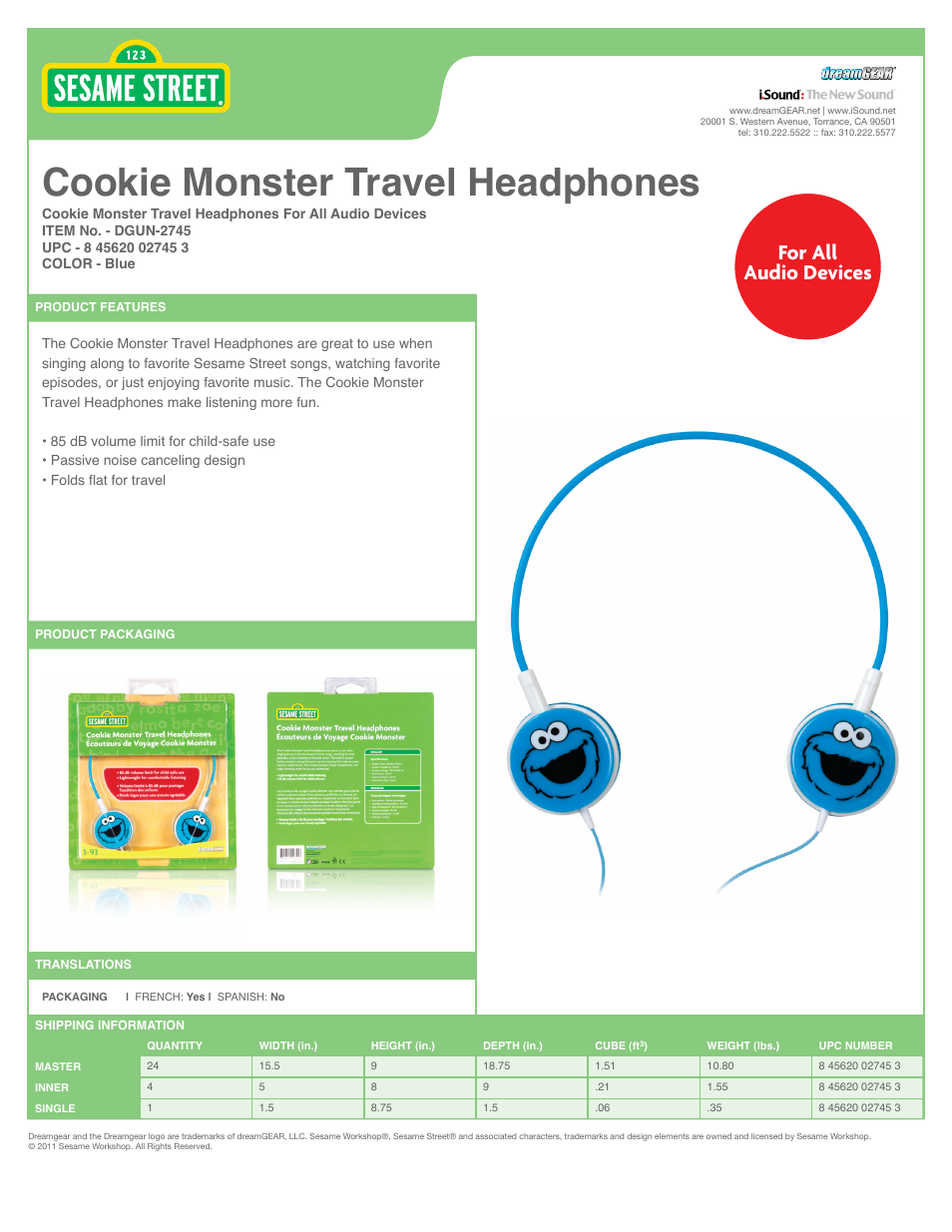 iSound Cookie Monster Travel Headphones - Sell Sheet User Manual | 1 page