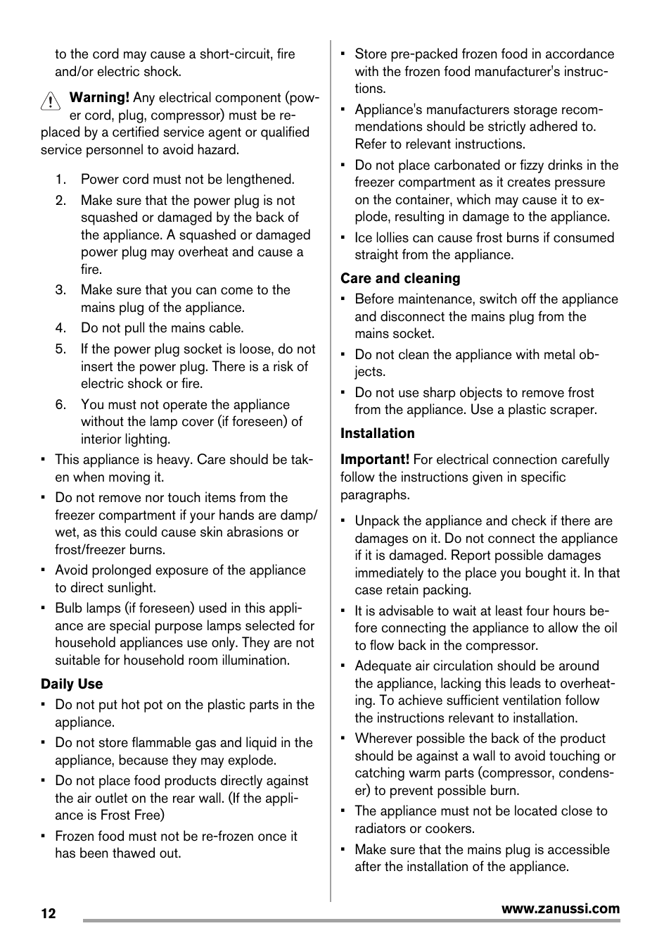 Zanussi ZBF 11420 SA User Manual | Page 12 / 40