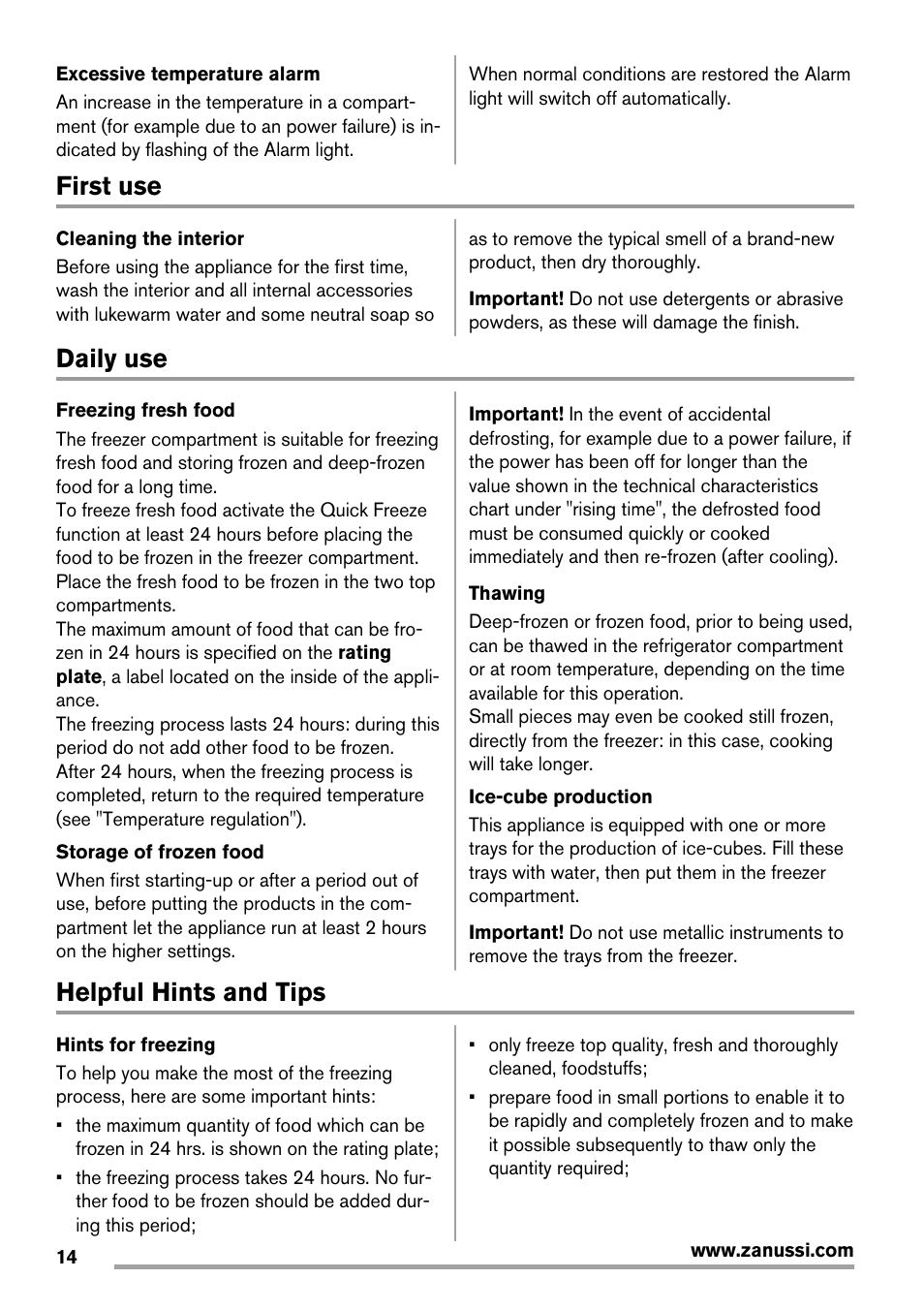 First use, Daily use, Helpful hints and tips | Zanussi ZBF 11420 SA User Manual | Page 14 / 40