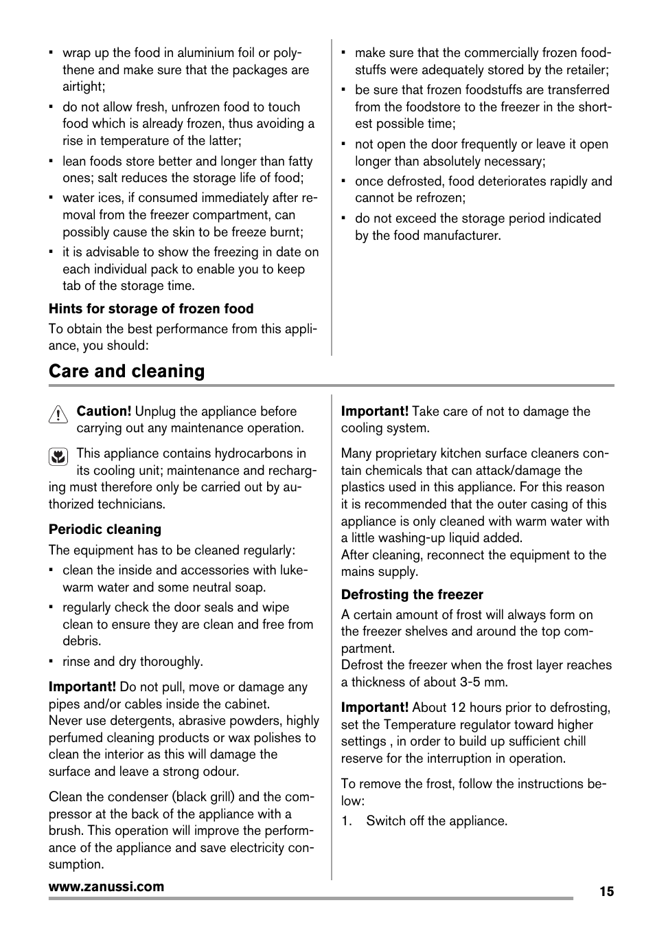 Care and cleaning | Zanussi ZBF 11420 SA User Manual | Page 15 / 40