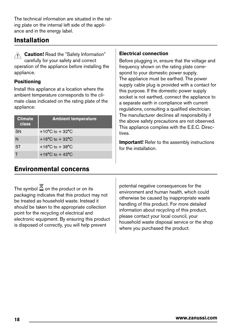 Installation, Environmental concerns | Zanussi ZBF 11420 SA User Manual | Page 18 / 40