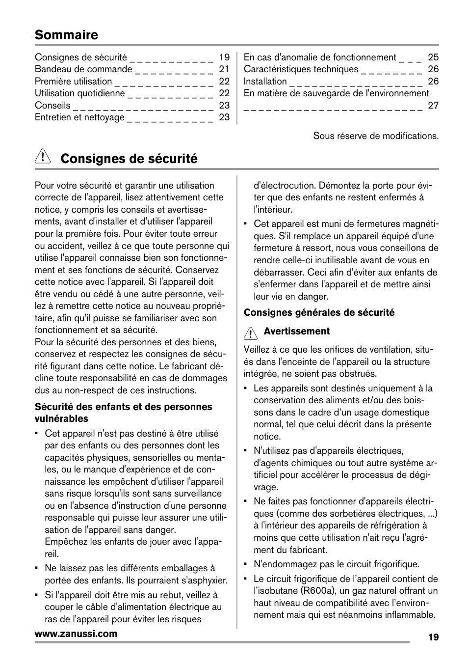 Sommaire, Consignes de sécurité | Zanussi ZBF 11420 SA User Manual | Page 19 / 40