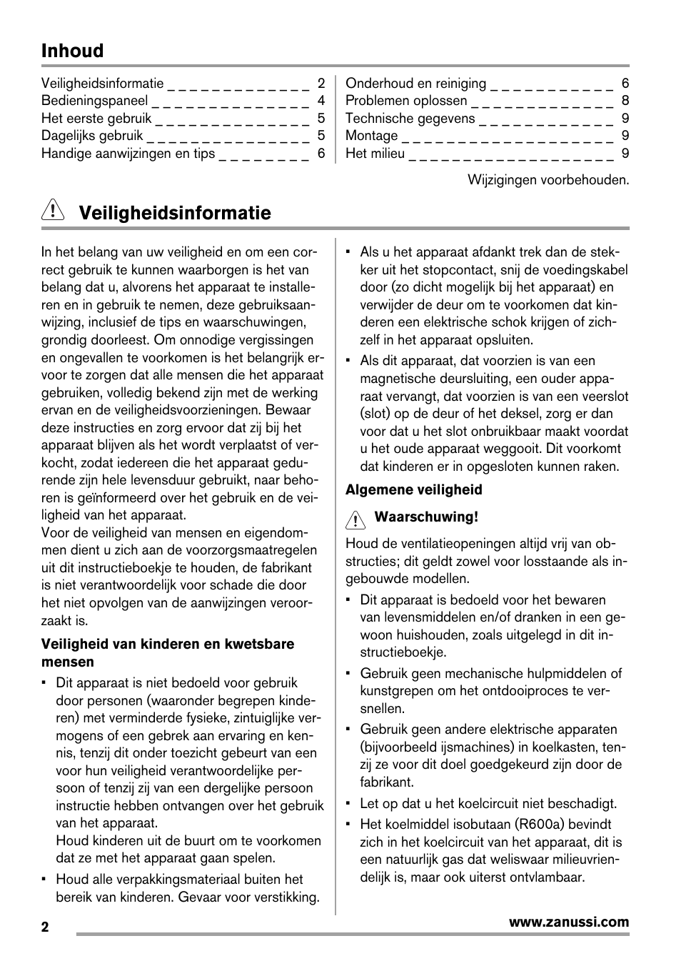 Inhoud, Veiligheidsinformatie | Zanussi ZBF 11420 SA User Manual | Page 2 / 40