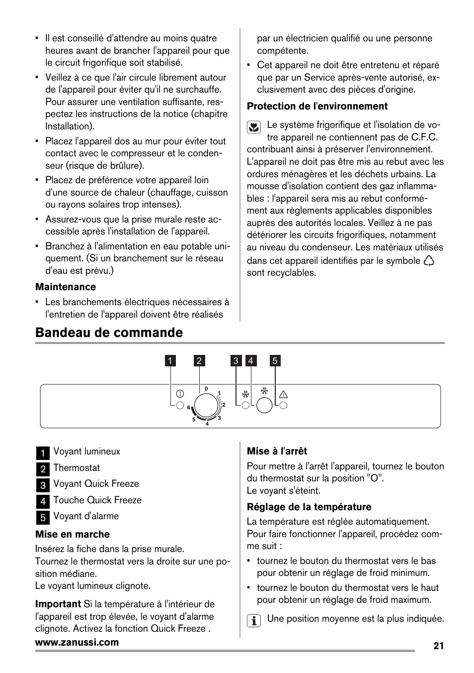 Bandeau de commande | Zanussi ZBF 11420 SA User Manual | Page 21 / 40