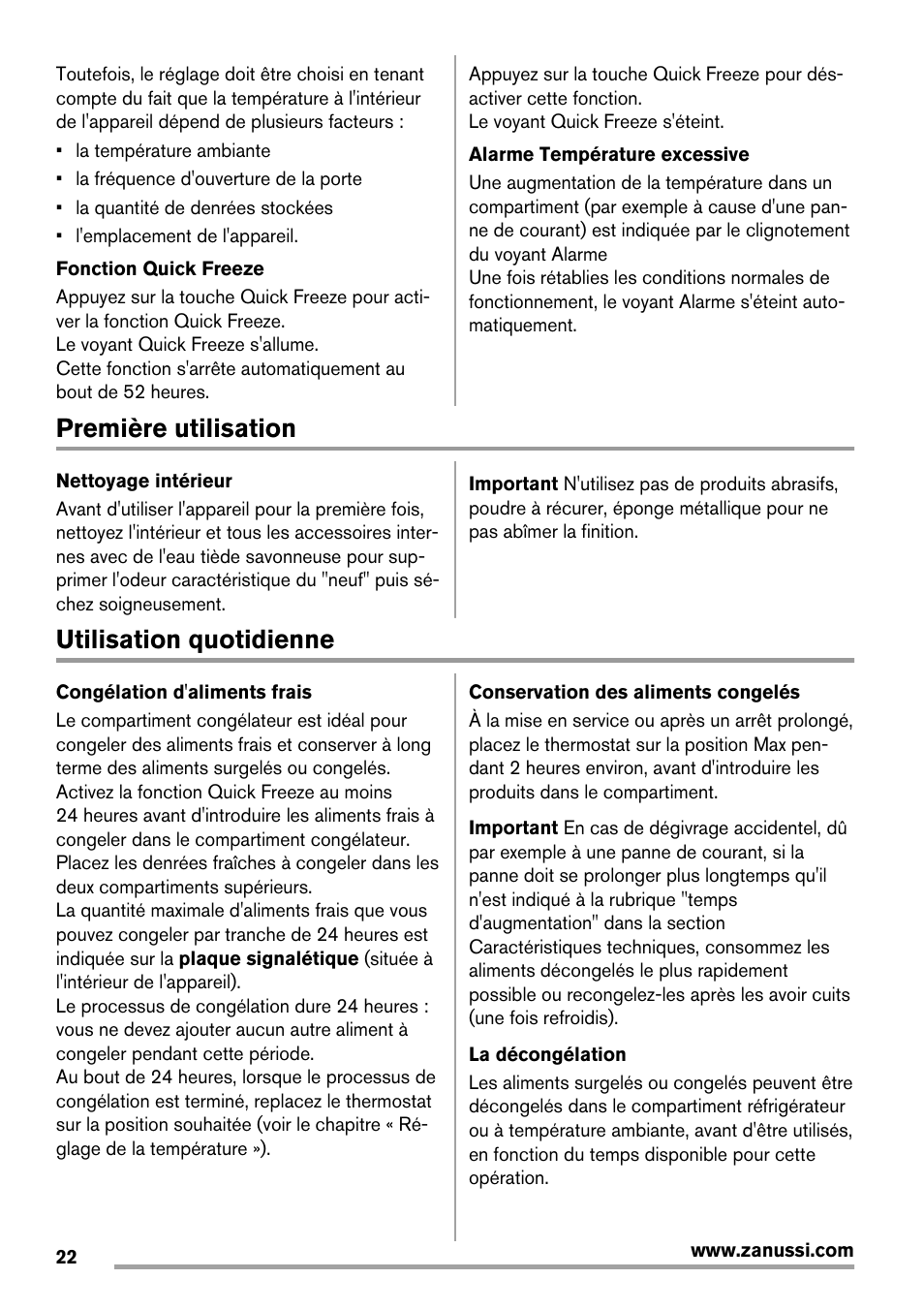 Première utilisation, Utilisation quotidienne | Zanussi ZBF 11420 SA User Manual | Page 22 / 40