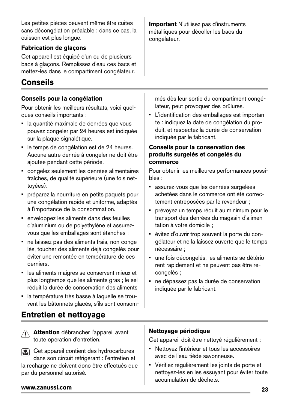 Conseils, Entretien et nettoyage | Zanussi ZBF 11420 SA User Manual | Page 23 / 40