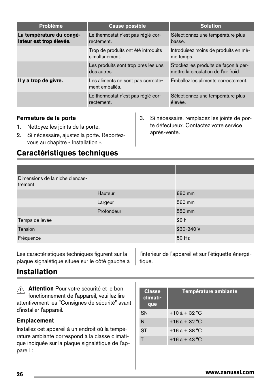 Caractéristiques techniques, Installation | Zanussi ZBF 11420 SA User Manual | Page 26 / 40