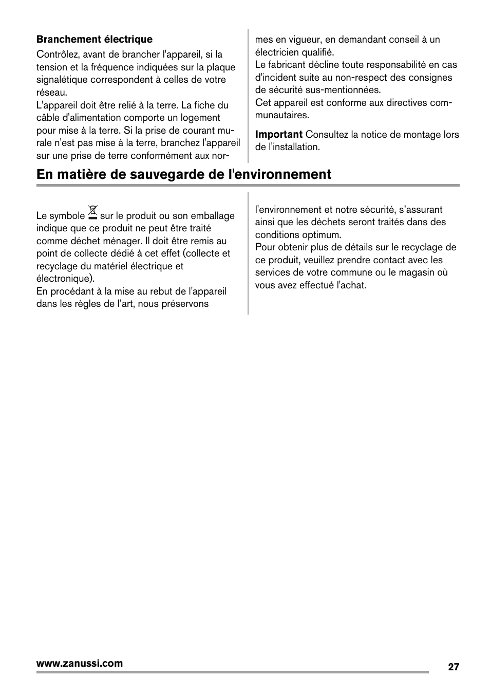 En matière de sauvegarde de l'environnement | Zanussi ZBF 11420 SA User Manual | Page 27 / 40