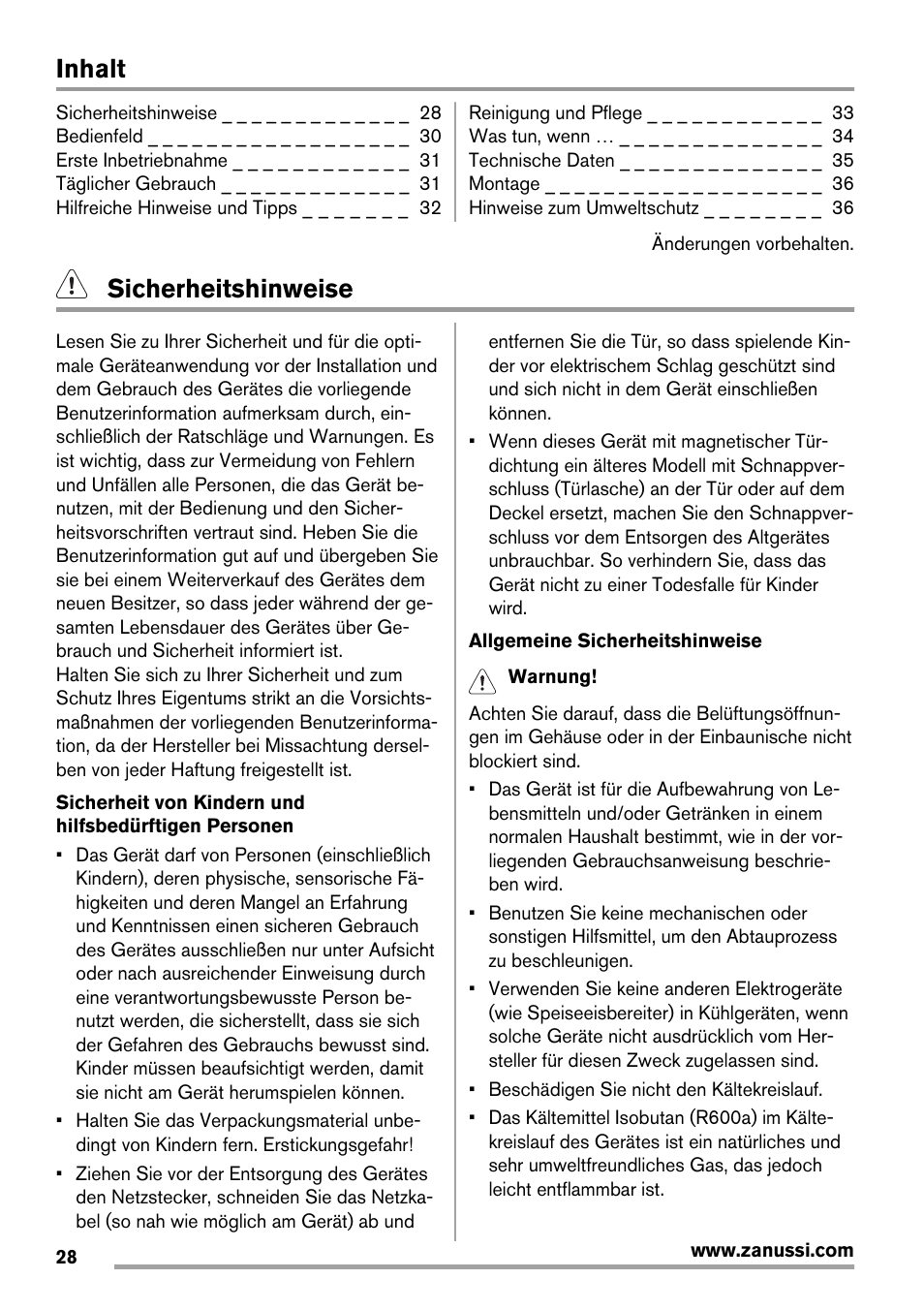 Inhalt, Sicherheitshinweise | Zanussi ZBF 11420 SA User Manual | Page 28 / 40