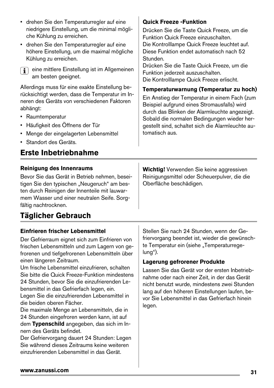 Erste inbetriebnahme, Täglicher gebrauch | Zanussi ZBF 11420 SA User Manual | Page 31 / 40