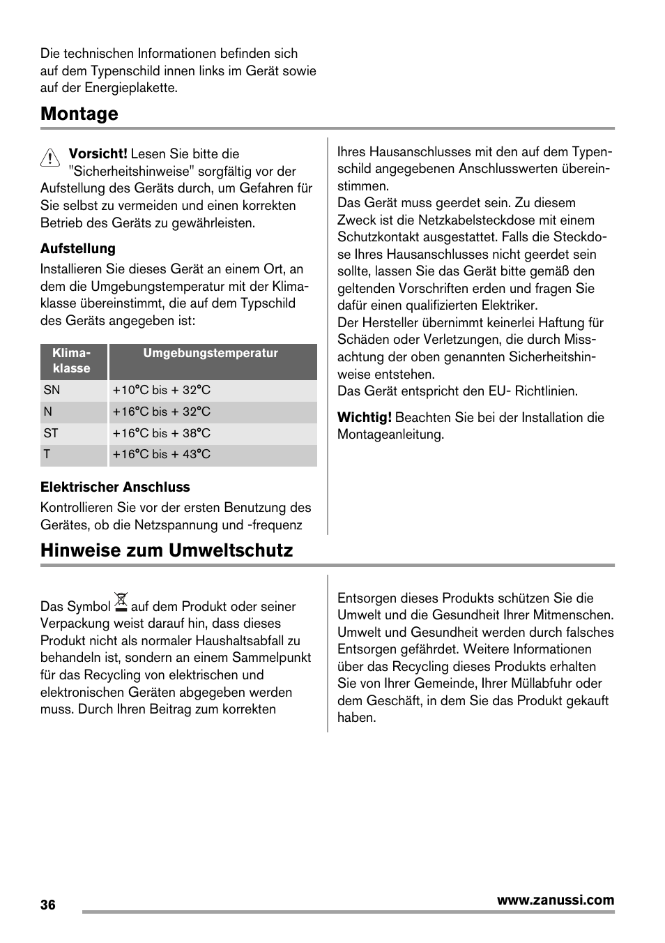 Montage, Hinweise zum umweltschutz | Zanussi ZBF 11420 SA User Manual | Page 36 / 40