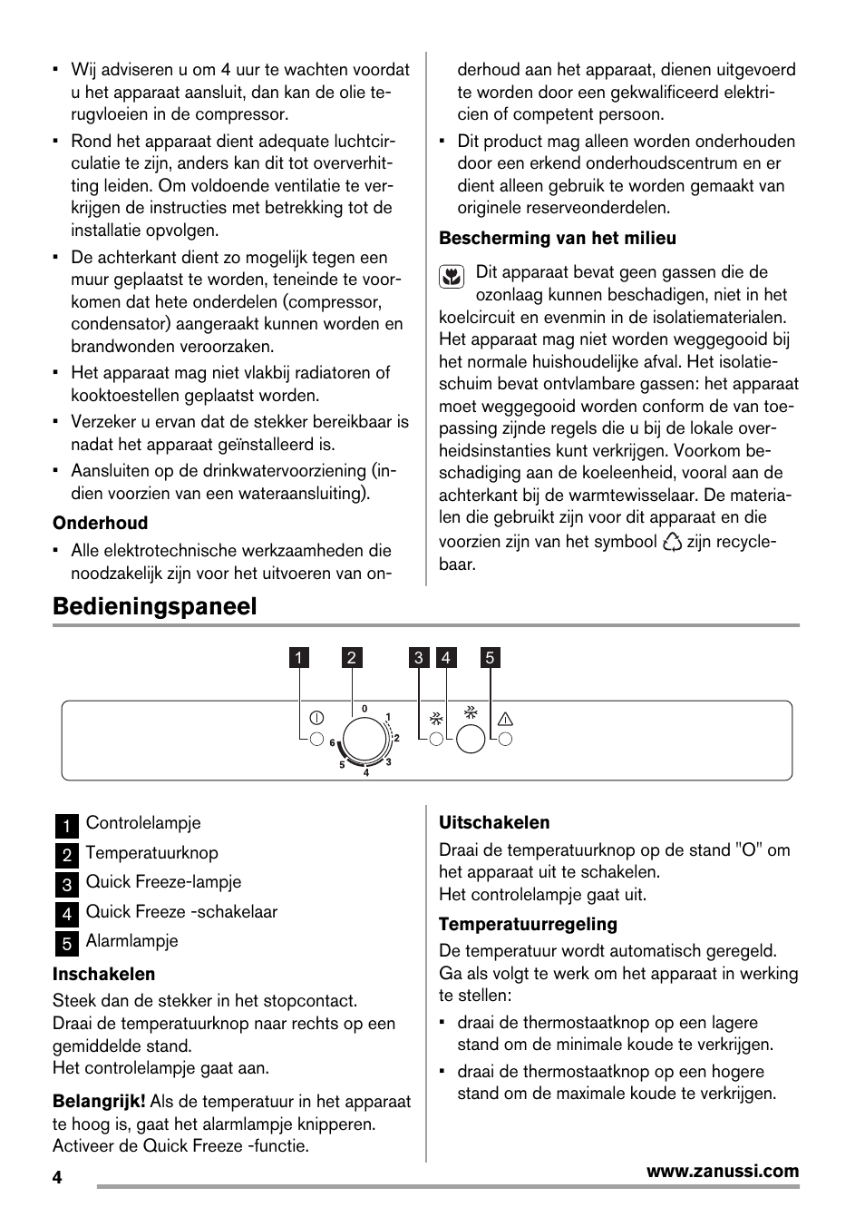 Bedieningspaneel | Zanussi ZBF 11420 SA User Manual | Page 4 / 40