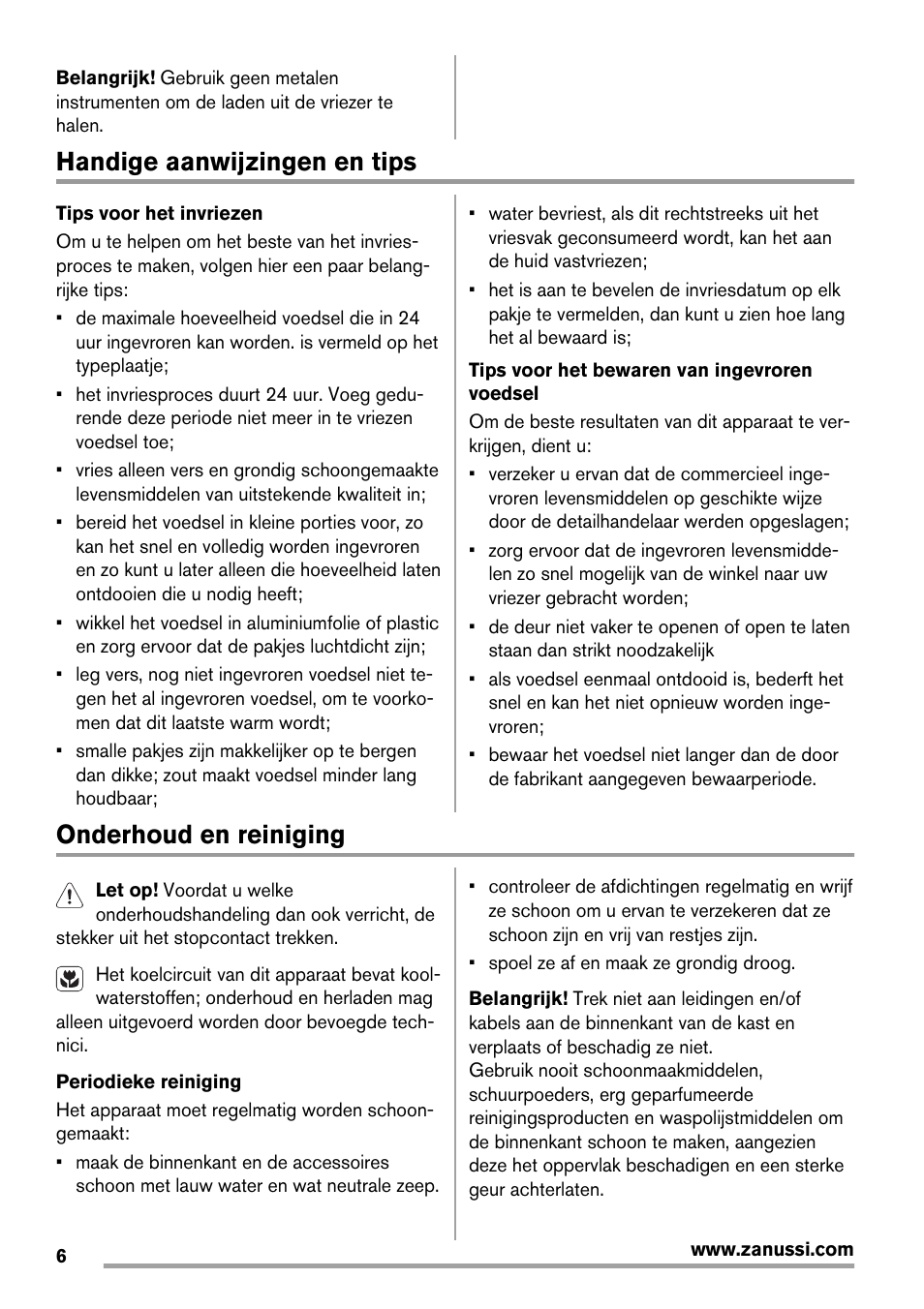 Handige aanwijzingen en tips, Onderhoud en reiniging | Zanussi ZBF 11420 SA User Manual | Page 6 / 40