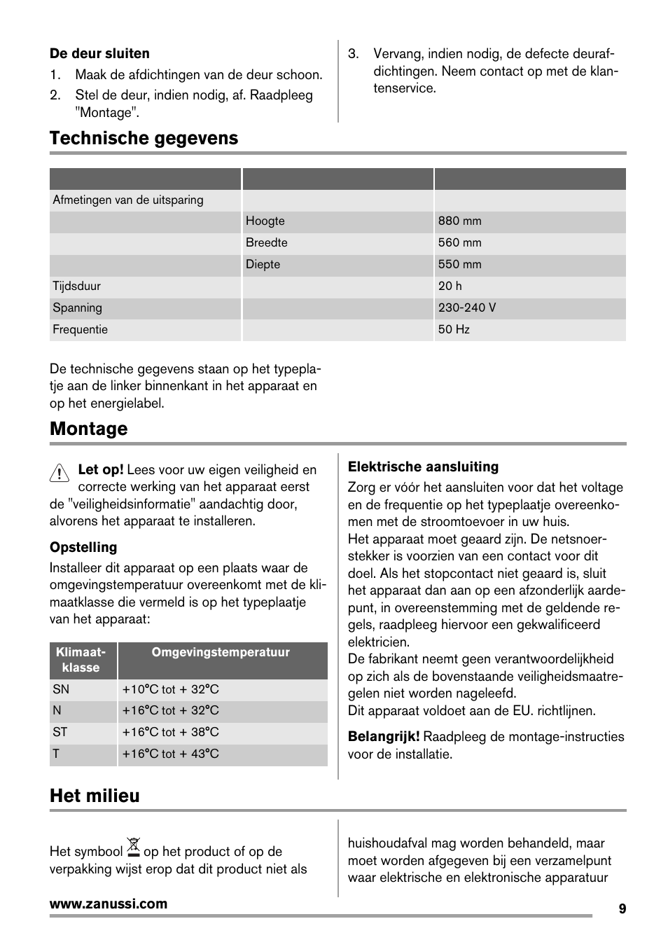 Technische gegevens, Montage, Het milieu | Zanussi ZBF 11420 SA User Manual | Page 9 / 40