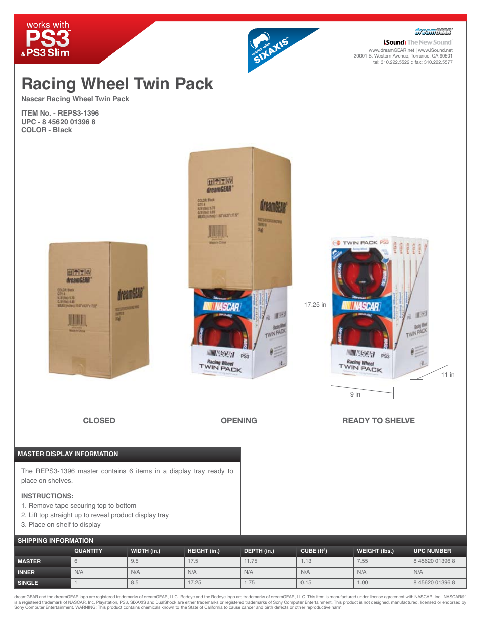 Racing wheel twin pack, Sixaxi s, Closed opening ready to shelve | DreamGEAR REPS3-1396 es User Manual | Page 2 / 2