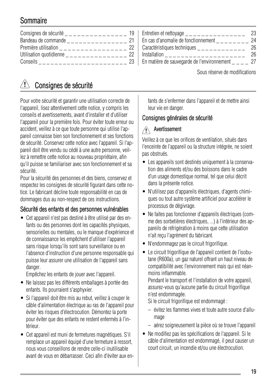 Sommaire, Consignes de sécurité | Zanussi ZQF 11430 DA User Manual | Page 19 / 40