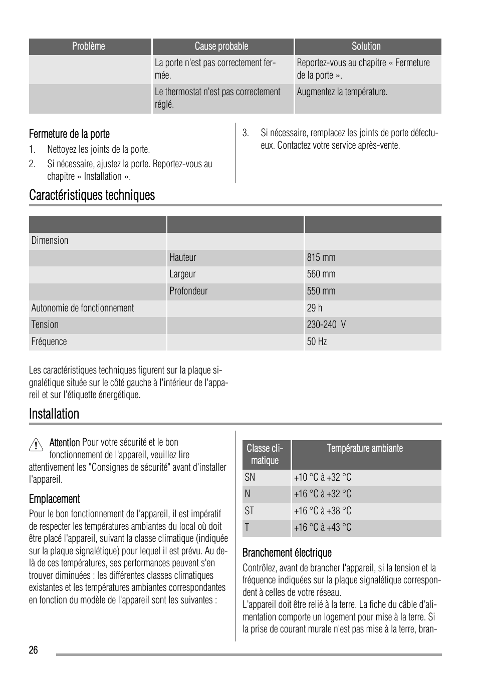 Caractéristiques techniques, Installation | Zanussi ZQF 11430 DA User Manual | Page 26 / 40