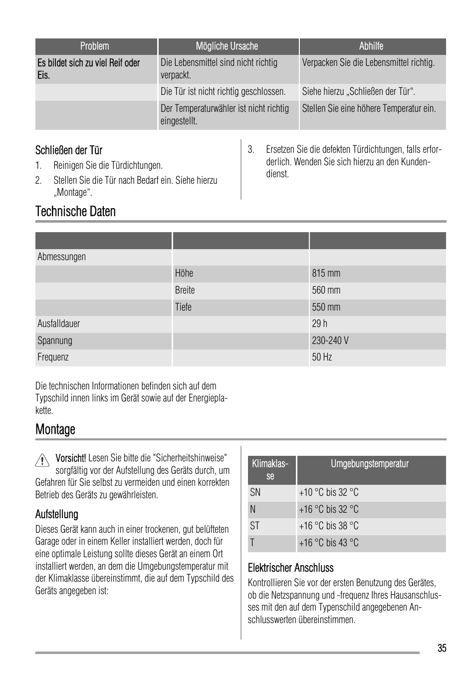 Technische daten, Montage | Zanussi ZQF 11430 DA User Manual | Page 35 / 40