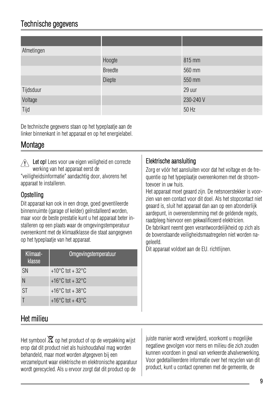 Technische gegevens, Montage, Het milieu | Zanussi ZQF 11430 DA User Manual | Page 9 / 40