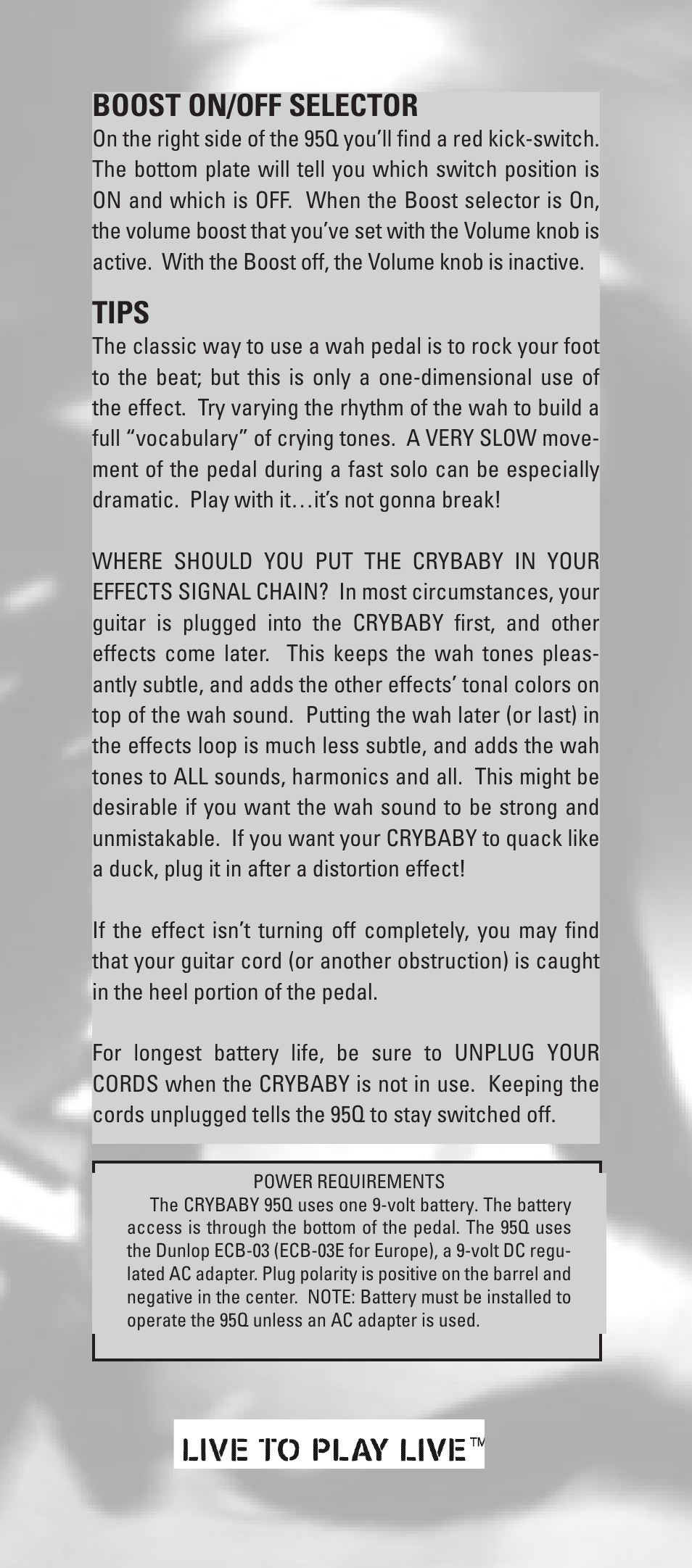 Boost on/off selector, Tips | Dunlop Manufacturing 95Q User Manual | Page 4 / 4
