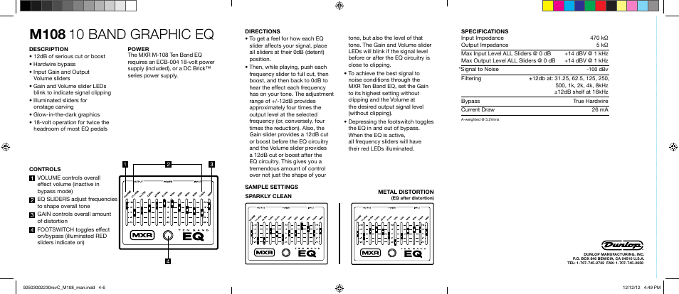 M108, 10 band graphic eq | Dunlop Manufacturing M108 User Manual | Page 2 / 2