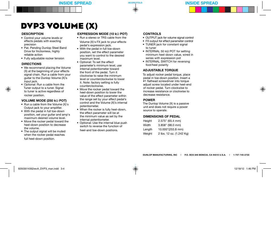 Dvp3 volume (x), Inside spread | Dunlop Manufacturing DVP3 User Manual | Page 2 / 2