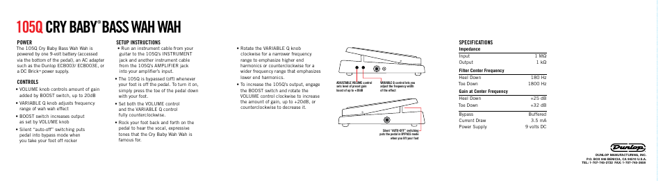 105q cry baby, Bass wah wah | Dunlop Manufacturing 105Q User Manual | Page 2 / 2