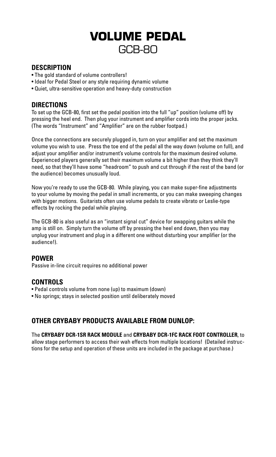 Dunlop Manufacturing GCB80 User Manual | 1 page