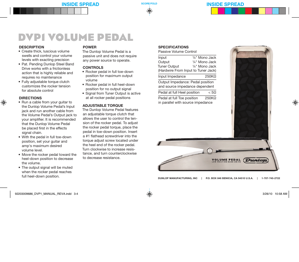 Dvp1 volume pedal, Inside spread | Dunlop Manufacturing DVP1 User Manual | Page 2 / 2