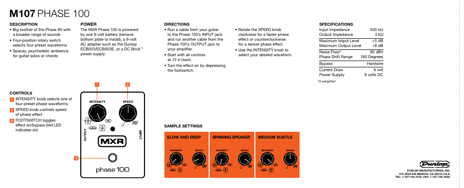 M107, Phase 100 | Dunlop Manufacturing M107 User Manual | Page 2 / 2