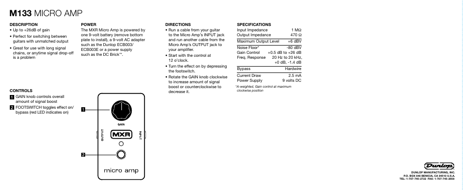 M133 micro amp | Dunlop Manufacturing M133 User Manual | Page 2 / 2