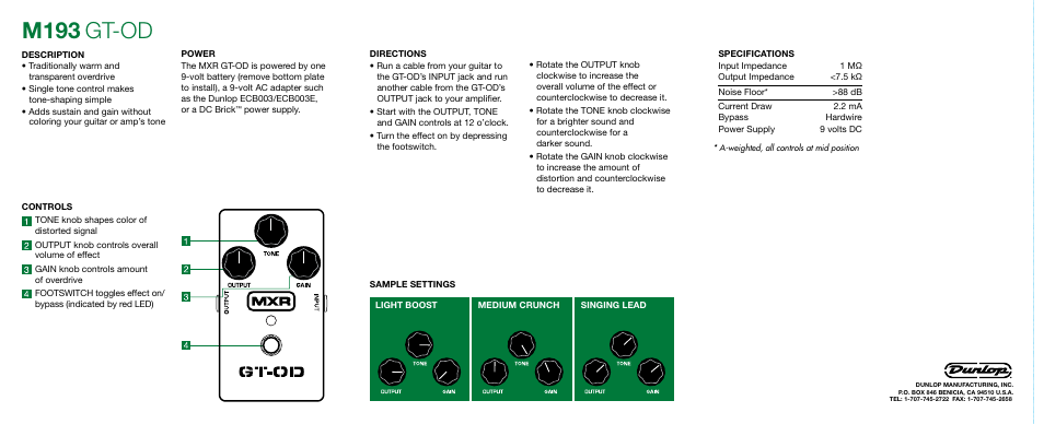 M193, Gt-od | Dunlop Manufacturing M193 User Manual | Page 2 / 2