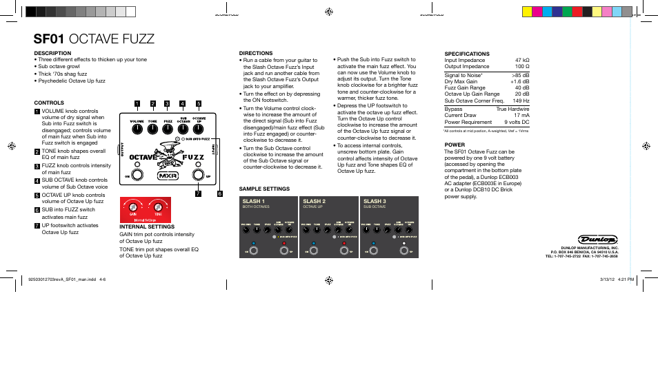 Sf01 octave fuzz | Dunlop Manufacturing SF01 User Manual | Page 2 / 2