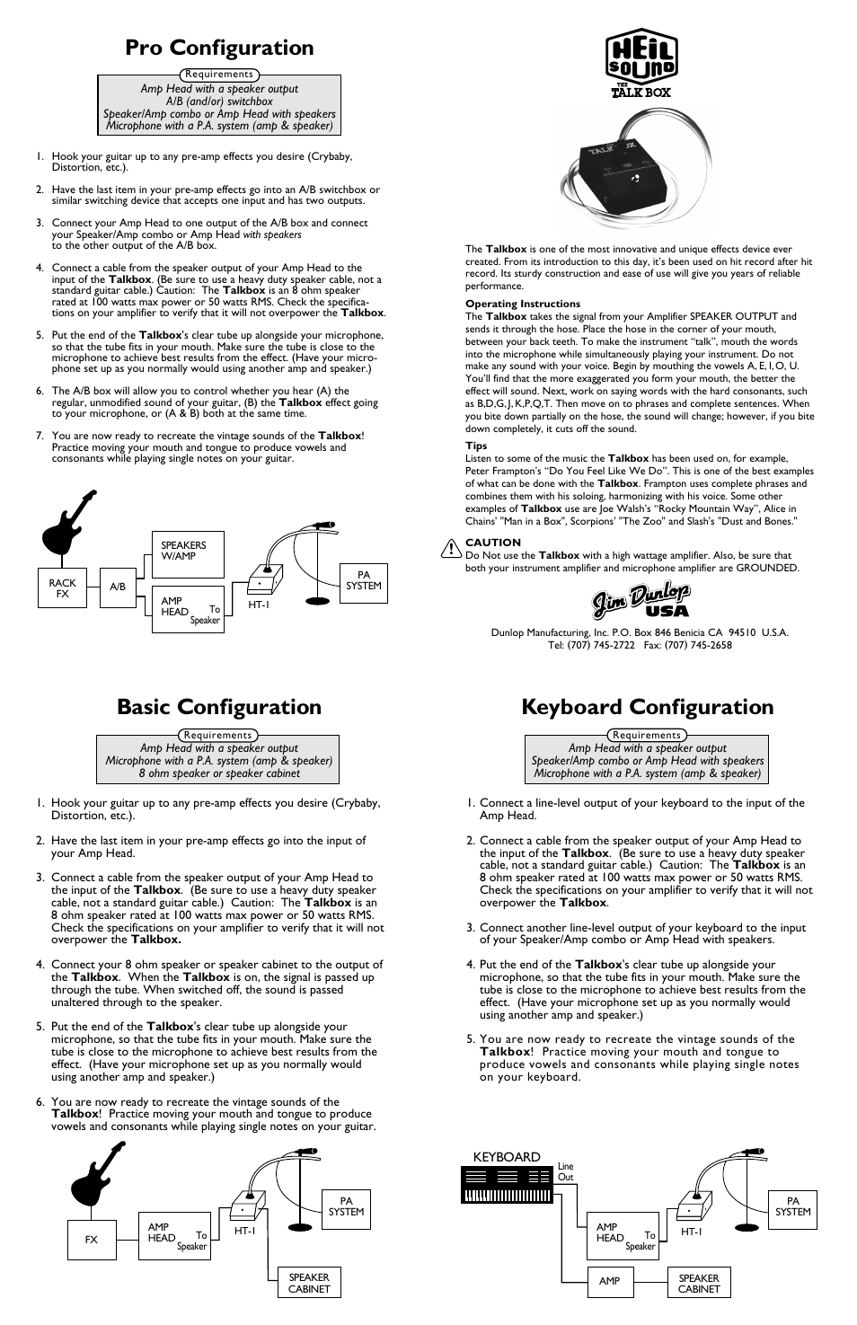 Basic configuration, Keyboard configuration, Pro configuration | Dunlop Manufacturing HT1 User Manual | Page 2 / 2