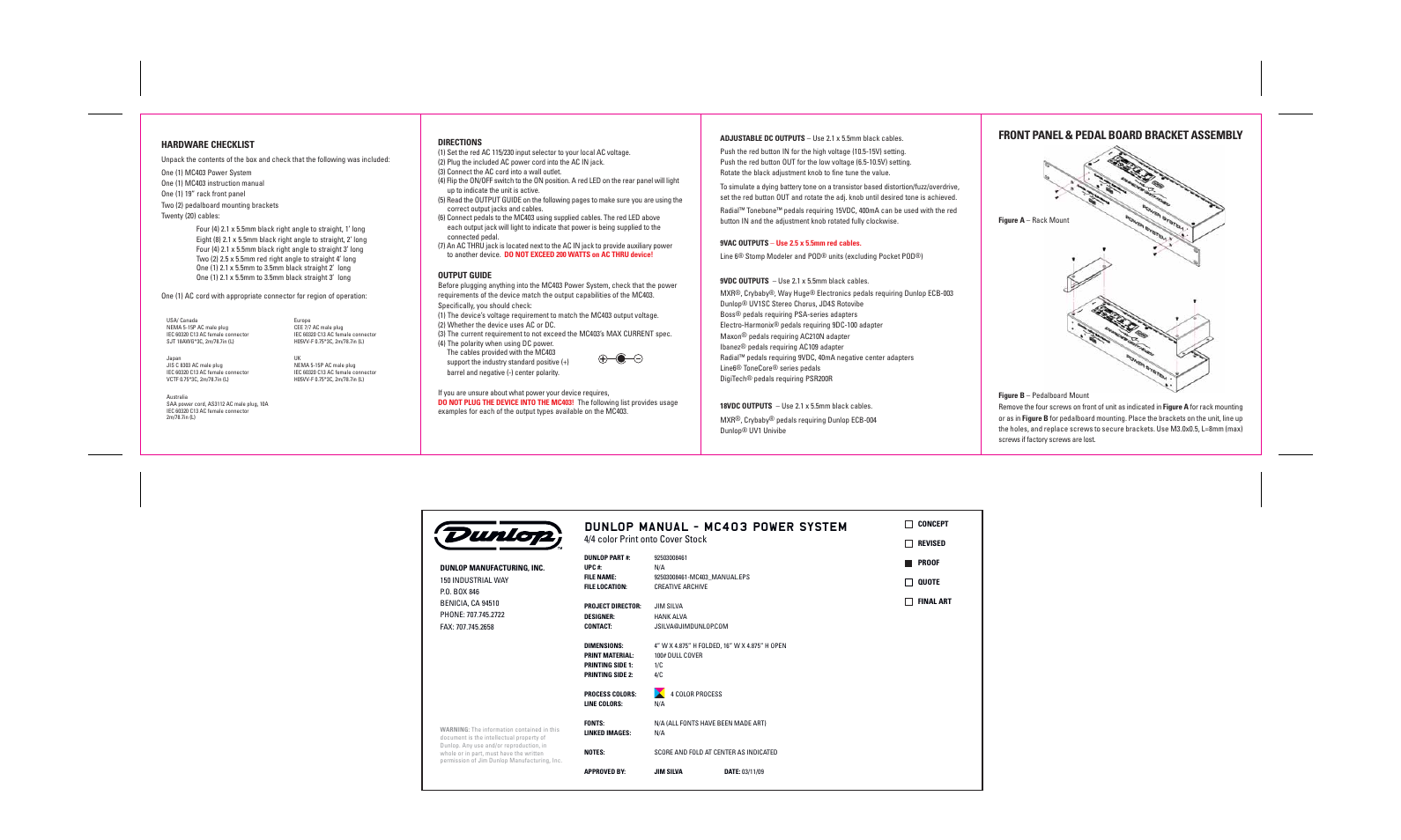 Front panel & pedal board bracket assembly, Dunlop manual - mc403 power system, Hardware checklist | 4/4 color print onto cover stock | Dunlop Manufacturing MC403 User Manual | Page 2 / 2
