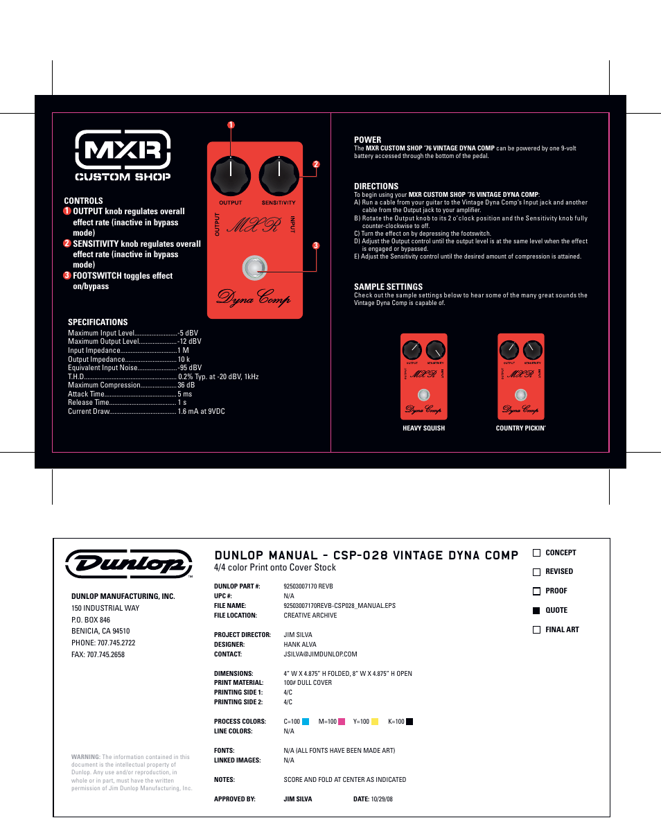 Dunlop manual - csp-028 vintage dyna comp | Dunlop Manufacturing CSP028 User Manual | Page 2 / 2