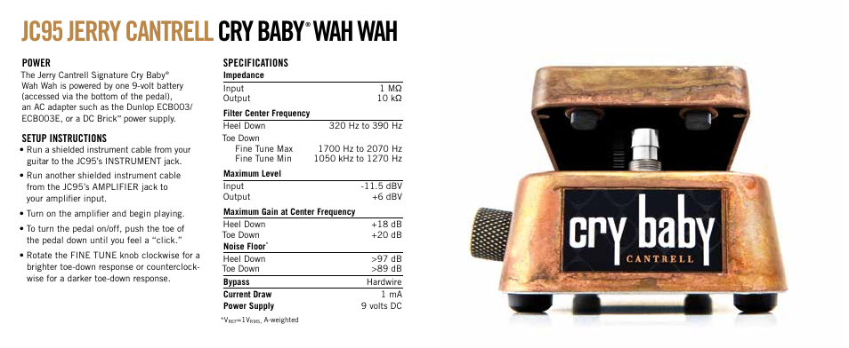 Jc95 jerry cantrell cry baby, Wah wah | Dunlop Manufacturing JC95 User Manual | Page 2 / 2