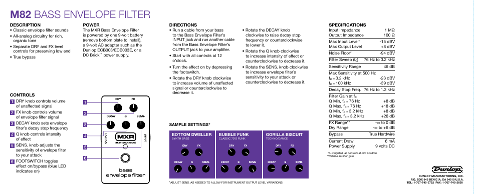 M82 bass envelope filter | Dunlop Manufacturing M82 User Manual | Page 2 / 2