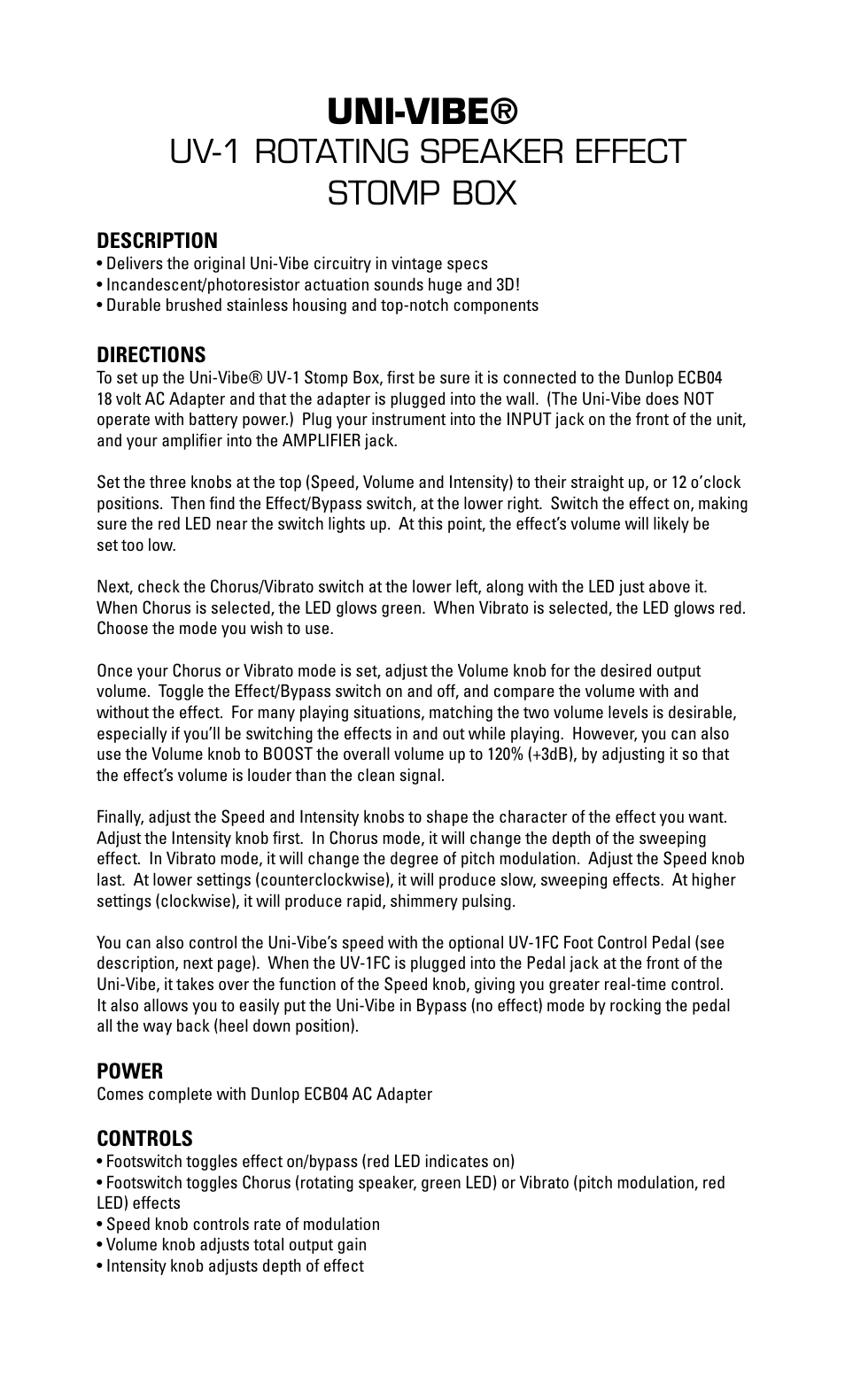 Dunlop Manufacturing UV-1 ROTATING SPEAKER EFFECT User Manual | 1 page